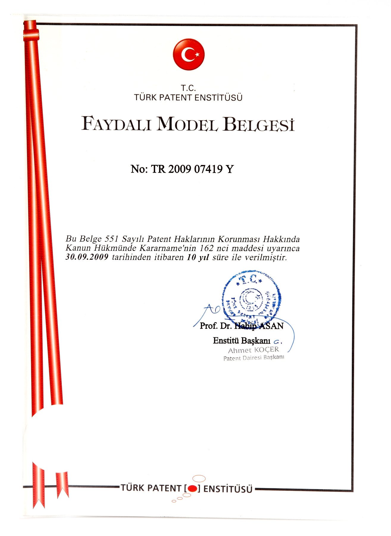 Faydalı Model Belgesi – TR 2009 07419 Y