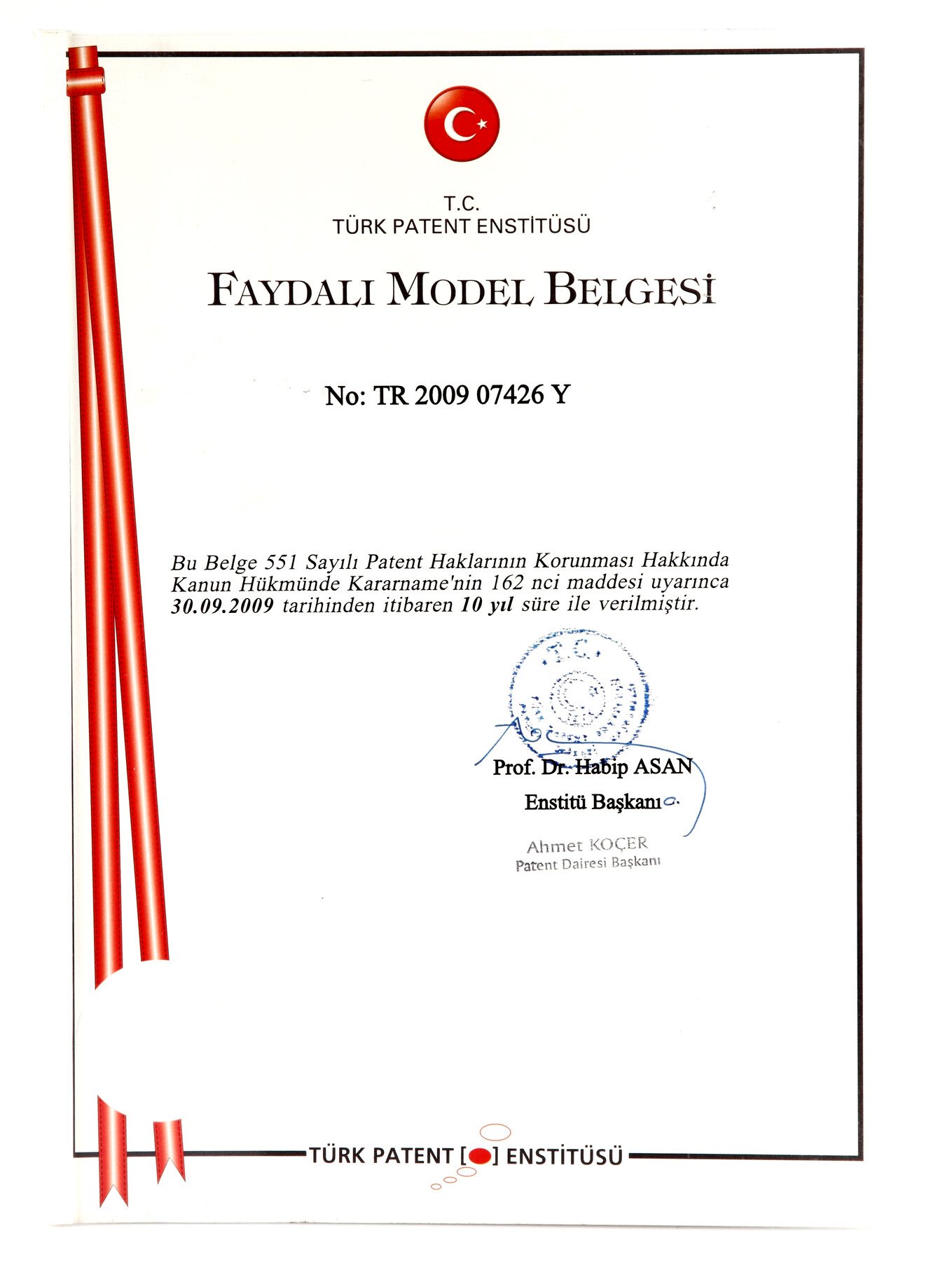 Faydalı Model Belgesi – TR 2009 07426 Y