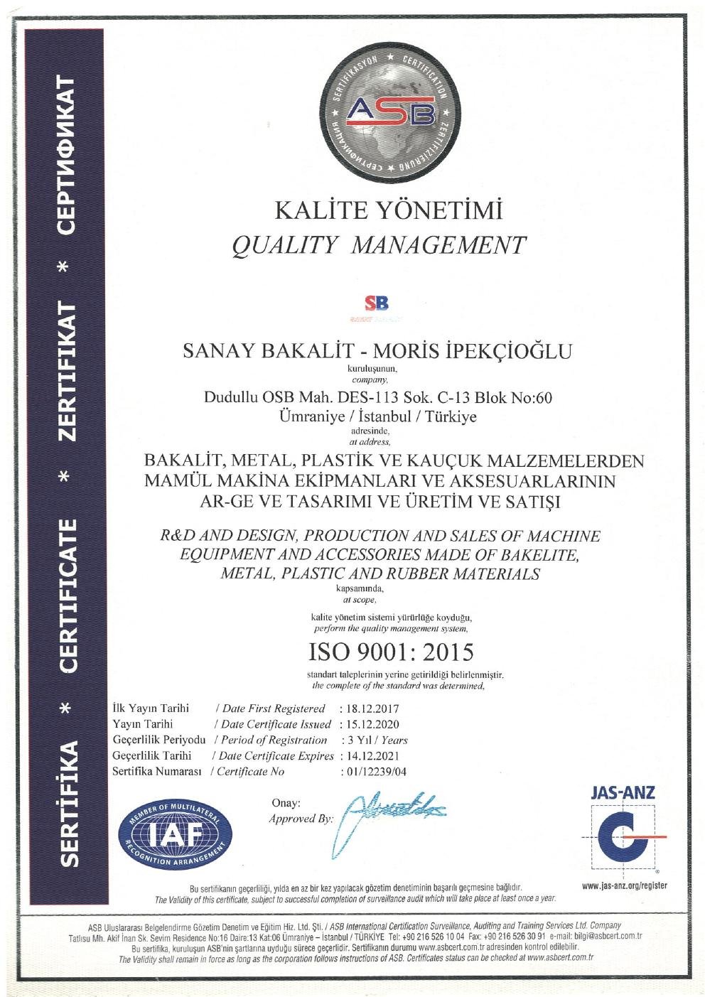 ISO 9001:2015 Kalite Yönetim Sistemi Belgesi