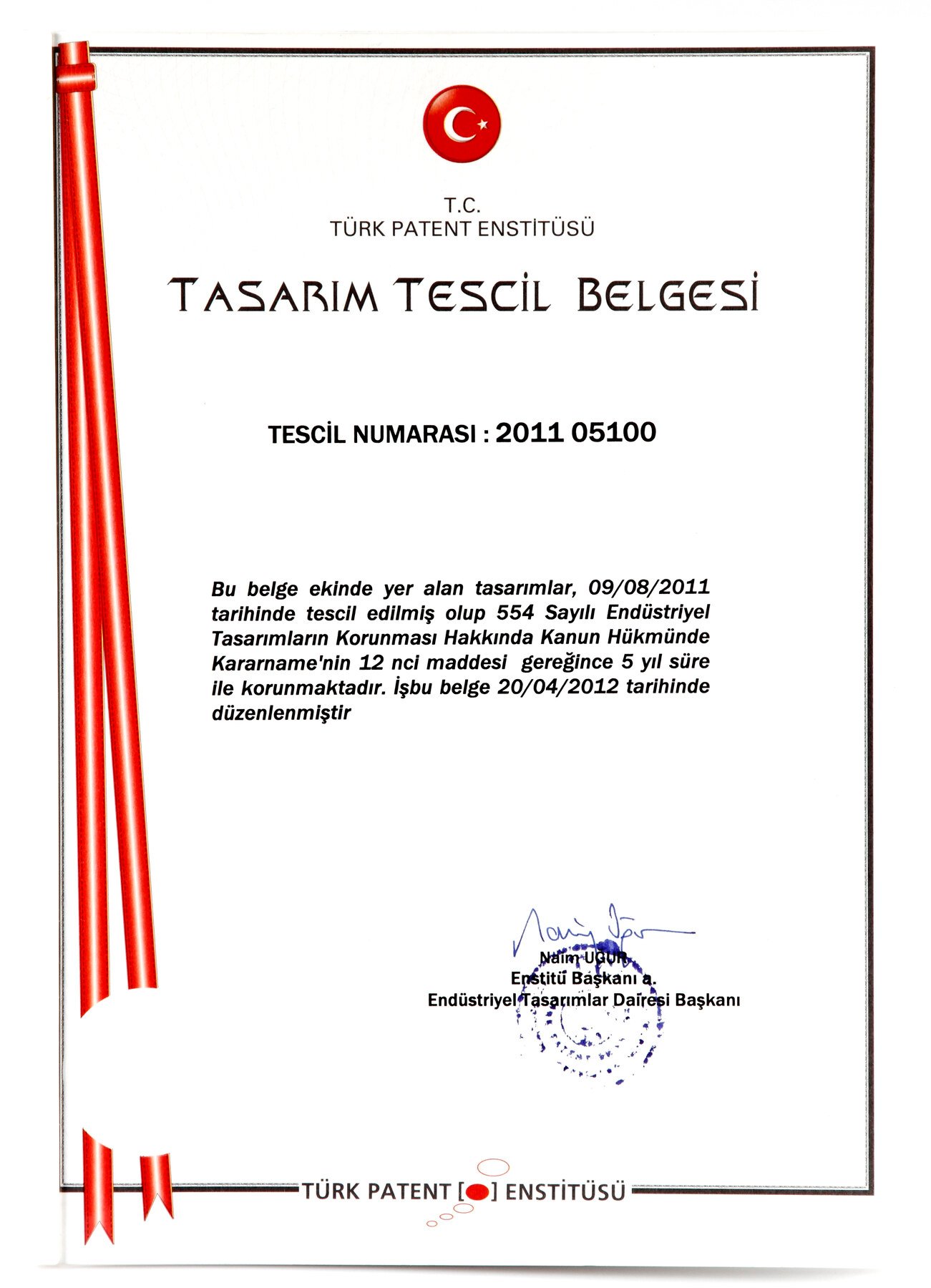 Tasarım Tescil Belgesi – 2011 05100